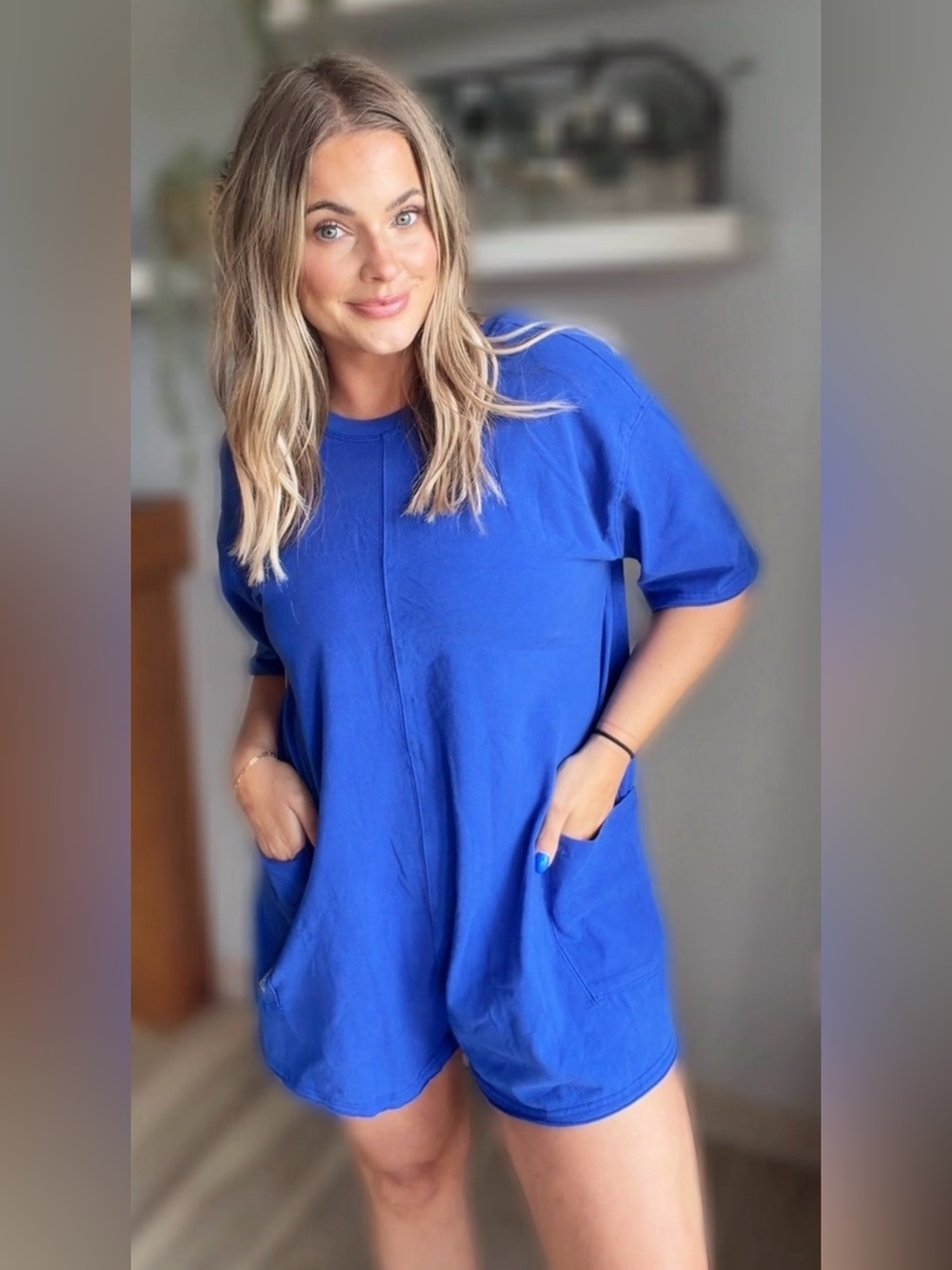 Free People Royal Blue Short Sleeve Romper with Pockets